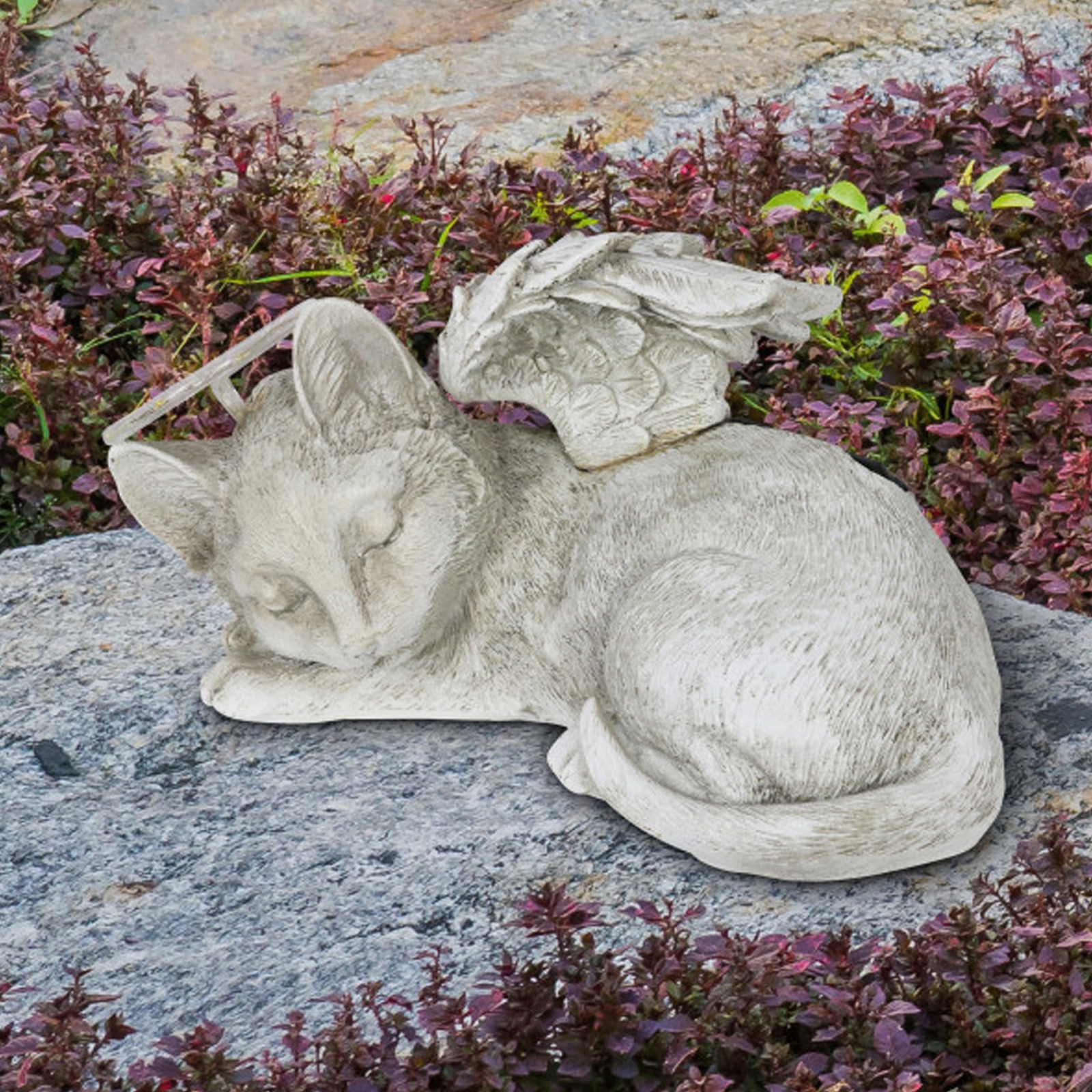 Cat Statue, Solar Pet Memorial Sleeping Cat Garden Sculpture with Angel Wings...