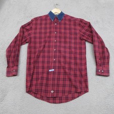 Wrangler PBR Professional Bull Riders Shirt Mens L Red Blue Plaid Denim Collar