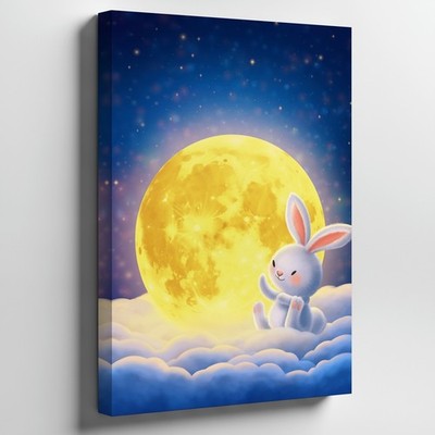 Wall Art Cute, Fluffy Cartoon Bunny With Oversized Ears And A Joyful Expression