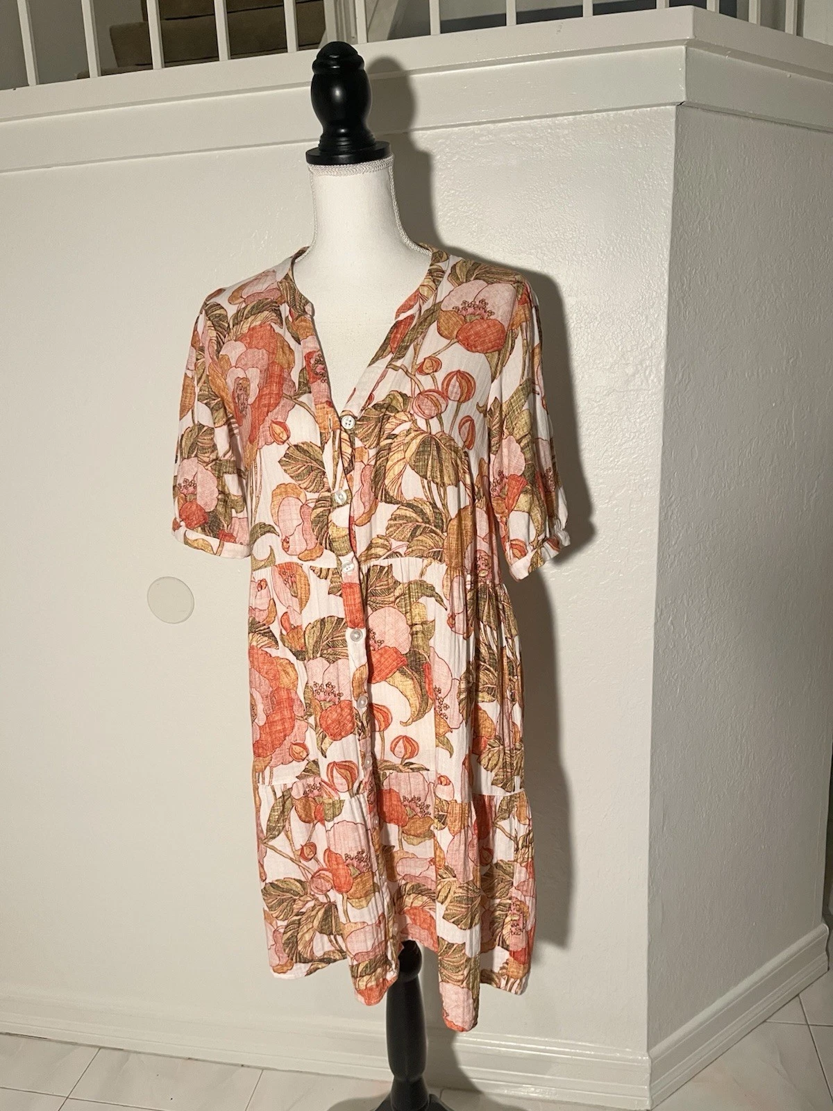 Garnet Hill Size Small Shirt Dress Organic Cotton Orange Green Floral Motif