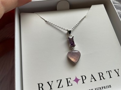 Ryze Women s Sterling Silver Necklace Rose Quartz Heart + White Frost CZ
