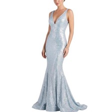 Jovani 06334 Women's Formal Dress Size 8 Blue Sequined Deep V-Neck Mermaid Gown