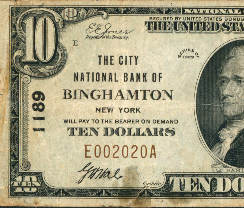 ((BINARY)) Binghamton - $10 1929 National Currency **CURRENCY AUCTIONS (REPAIR)