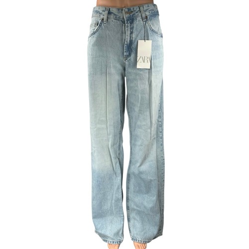 NEW Zara Women's Blue Straight Wide Leg Mid Rise Full Length Denim Jeans Pants 8