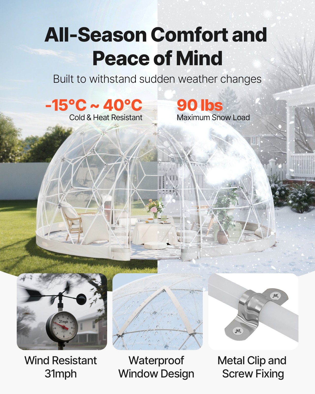 Garden Dome Igloo, 12 x 7.2 ft Outdoor Clear Bubble Tent for 4-7 Person, Weather