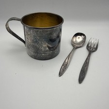 Vintage Silver Plate, Community Baby Cup Fork And Spoon Morning Rose Oneida 1960