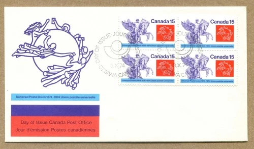 CANADA 1974 First Day Issue. Universal Postal Union 1874-1974. 4x15¢ Block FDC