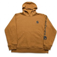 Carhartt Boys Hoodie L 14/16 Brown Fleece Pullover Sweatshirt Sleeve Logo TS6272