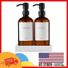 Versatile 2-Pack Amber Soap Dispensers with Waterproof Labels & Black Pumps
