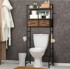 Armario de ba&ntilde;o sobre inodoro con caj&oacute;n de tela y portarrollos, color marr&oacute;n