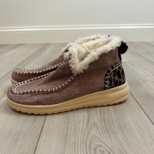 Hey Dude Denny Leopard Brown Herringbone Faux Fur Lined Ankle Boots 42033-255 W8