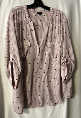 Torrid Pink Striped Blue Polka Dot Roll-Tab Sleeve Blouse Plus Size 4 (S125)