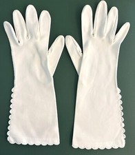Vintage 60s 1960's Heavy Soft White Cotton Gloves 6.5 Embroidered Scalloped Edge