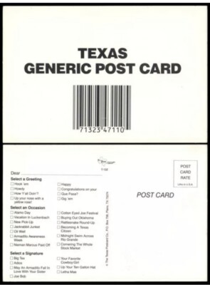 Texas Generic Postcard UPC Code Funny On Back Old Chrome Postcard D10