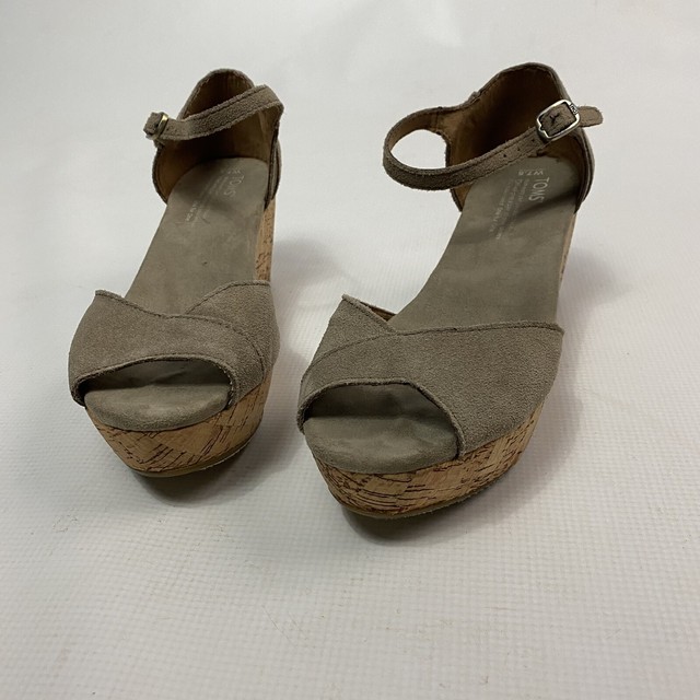 Toms Womenâs Platform Suede Cork Wedge Sandals Ankle Strap Peep Toe Beige 7.5 | eBay