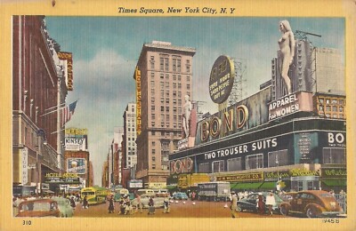 NEW YORK CITY - Times Square - Bond's Clothing - old buses, cars & trucks