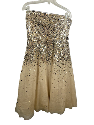 gold sequin bcbg dress Dreamyannie Women Gold Prom Dress A Line Strapless Sleeveless Beaded  Detachable Panel Train Tulle Formal Dress
