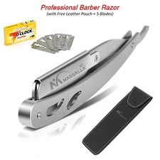 Pro Barber Hair Shaving Razor Straight Edge Folding Knife + 5 Blades & Pouch
