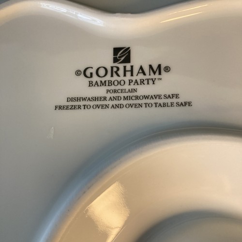 2 Gorham Porcelain “Bamboo Party” Dip & Chip Bowls/Plate White Heart Shaped Fun - Picture 4 of 7