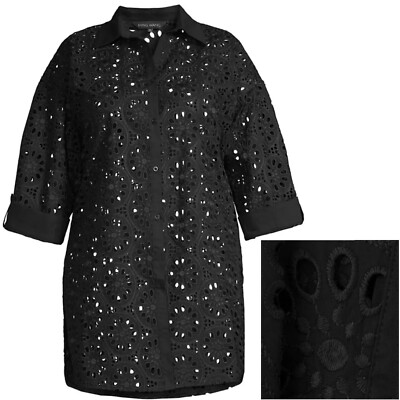 Ming Wang lace floral eyelet 3/4 roll sleeve tunic top longline cardigan black 