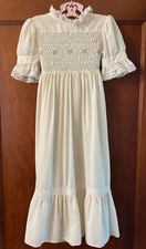 Vtg Polly Flinders Beige Ivory Long Short Sleeve Ruffle Dress 6 Hand Smocked