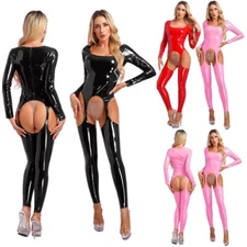 Women Skinny Bodysuit Shiny Leather Jumpsuit Party Clubwear Stretch Outfit Sexy