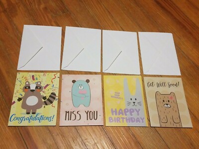 4 Blank Greeting Cards Cute Animals Birthday Congrats Get Well Miss You