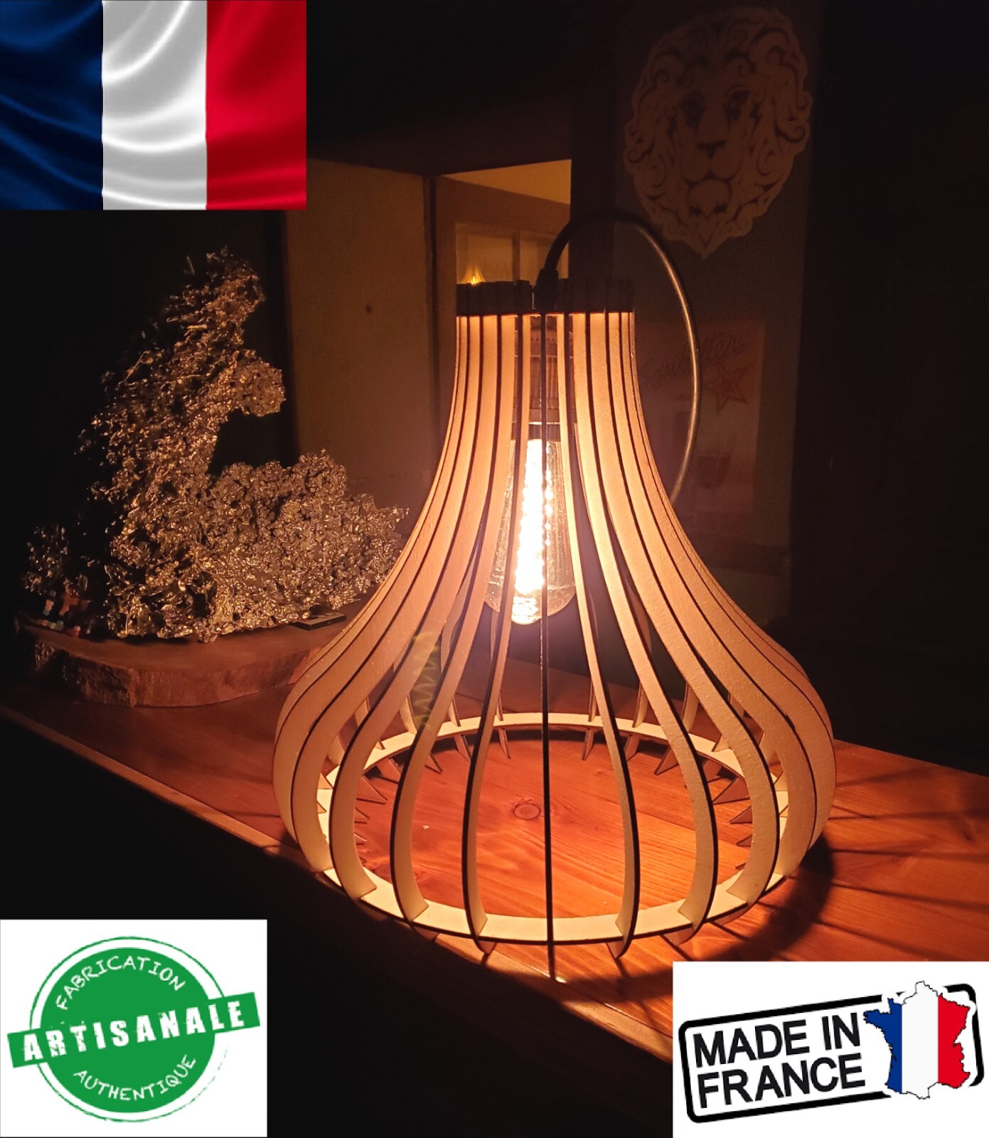 Lampe lustre galbe shape en bois naturel de chêne pour salon chic D50cm