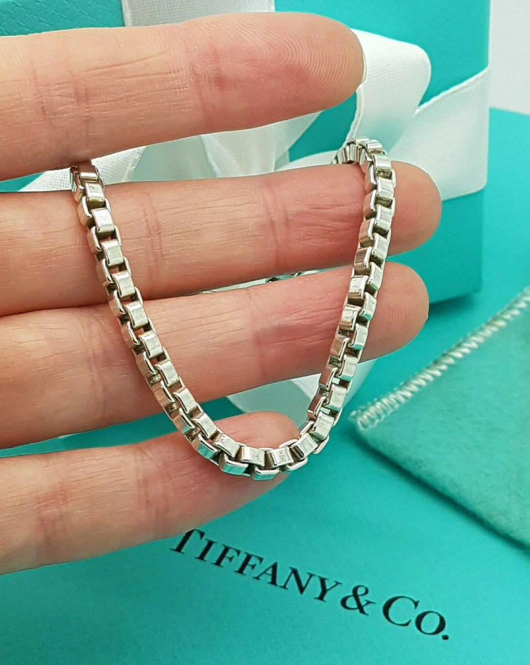 Tiffany & Co. Venetian Box Link Silver Bracelet 7.5 Inches in Silver, Hallmarks