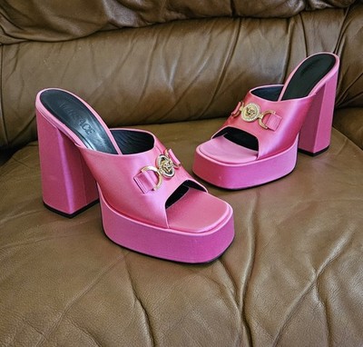 Women's Versace Pink Satin Luxury Platform Block Slide-On Heels Size 10 US