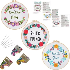 3 Sets Funny Embroidery Kits for Beginners,Cross Stitch Kit for Adults,DIY Start