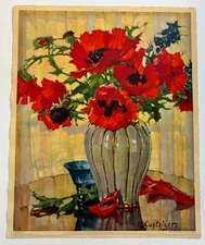 Anna Gasteiger Antique 1920's Large Chromolithograph Print Poppies Painting