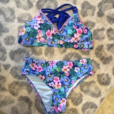 Cupshe Floral Blue 2-Piece Bikini XS Halter Triangle Top Bikini Bottom