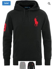 New Polo Ralph Lauren Big Pony Fleece Hoodie. Black-Red. Size Medium