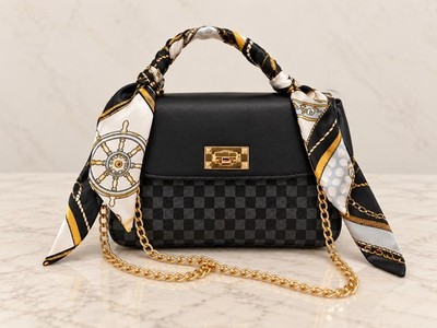 Women s Black Small Crossbody Purse Top Handle Scarf Chain Faux Leather Handbag