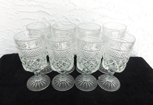 VINTAGE 1980s Anchor Hocking WEXFORD Cut Glass Wine Water Goblets (Set of 8)