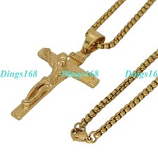 18K Yellow Gold Filled INRI Jesus Christ Cross Necklace, USA ship, No Import Tax
