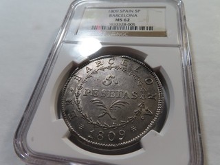 P38 España Barcelona 1809 Plata 5 Pesetas NGC MS 62 Bonito Tonificación