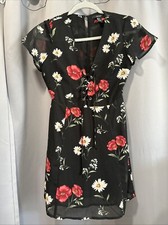 NWOT Forever 21 Floral Print Lace Up Sheer Mini Dress Black Multi Women's Small