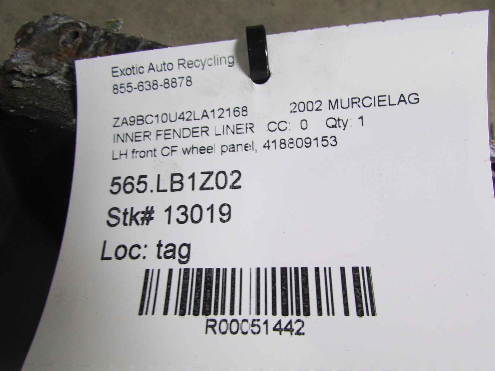 Lamborghini Murcielago, Left ,Front Wheel Panel, Carbon Fiber, Used, 418809153