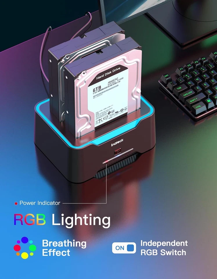 Inateck RGB SATA USB 3.0 Hard Drive Docking Station Offline Clone 2.5" 3.5" HDD - Image 2 of 4