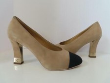 CHANEL Beige Suede/Black Grosgrain Cap Toe/Gold Metal Detail Pumps EUR 39