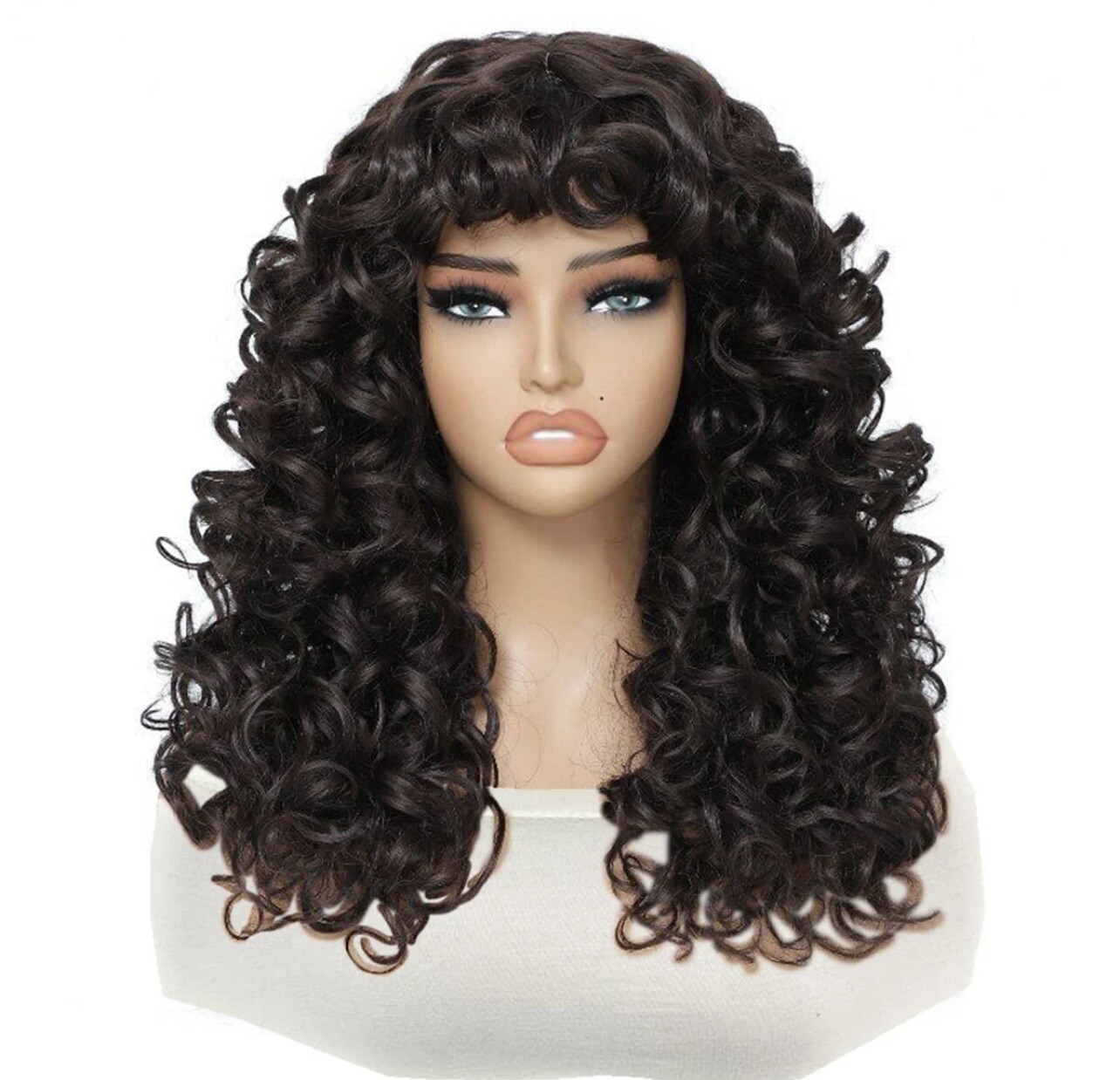 Perruque synthétique brune femme cheveux courts bouclés marron avec frange
