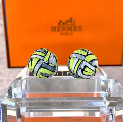 Hermes Paris Green Silk Pom-Pom Pompon Knot Cufflinks with Case | eBay