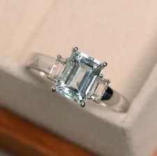 2ct Lab-Created Blue Aquamarine Baguette Accent Trilogy Ring White Gold Plated