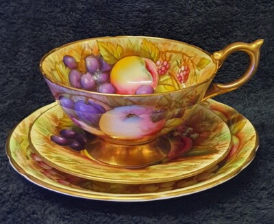 🔶️RARE AYNSLEY ORCHARD GOLD CUP AND SAUCER TRIO 3 PIECE SET ART
