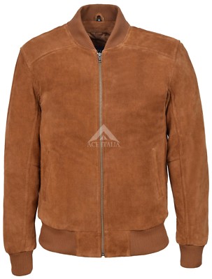 RETRO BOMBER Jacke Herren hellbraun Wildleder cool klassisch weich italienische Lederjacke 275