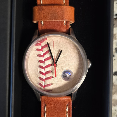 Tokens & Icons Yankees MLB Game Used Baseball Dial Quartz Watch Brown Leather