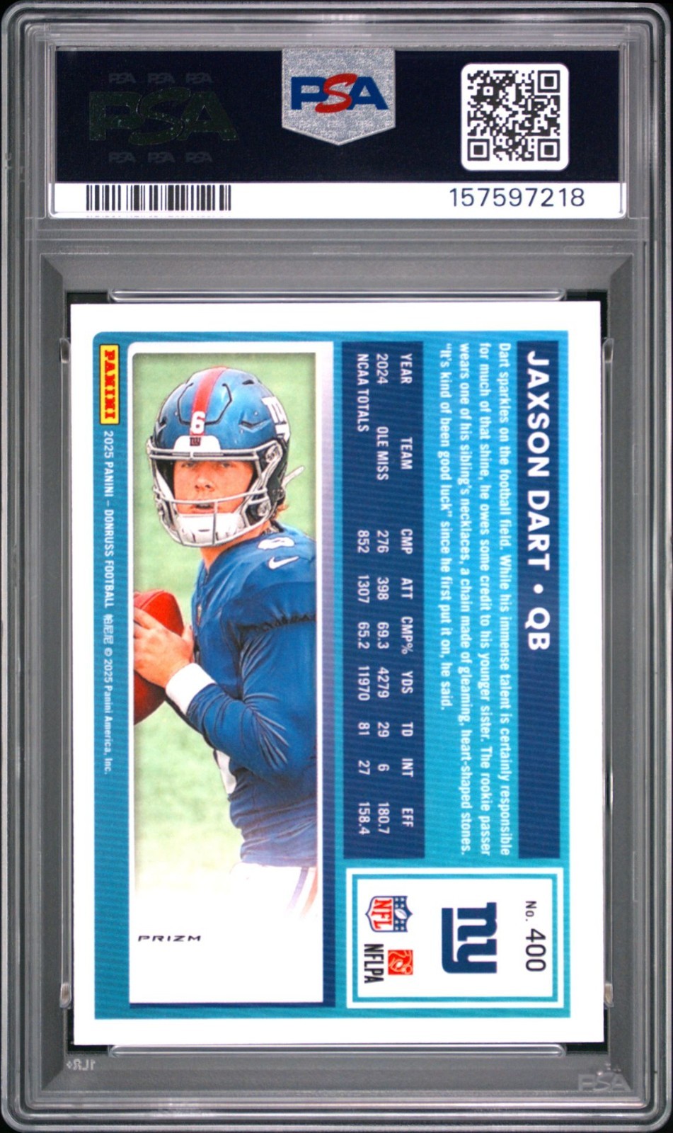 2025 Donruss Optic Preview Jaxson Dart Pink Holo #400 PSA 10 GEM MINT RC ROOKIE view 2