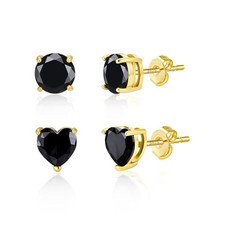 Small Gold Stud Earrings - 6 Pairs Cute Heart Studs 2 Pair Black CZ 14K Plated